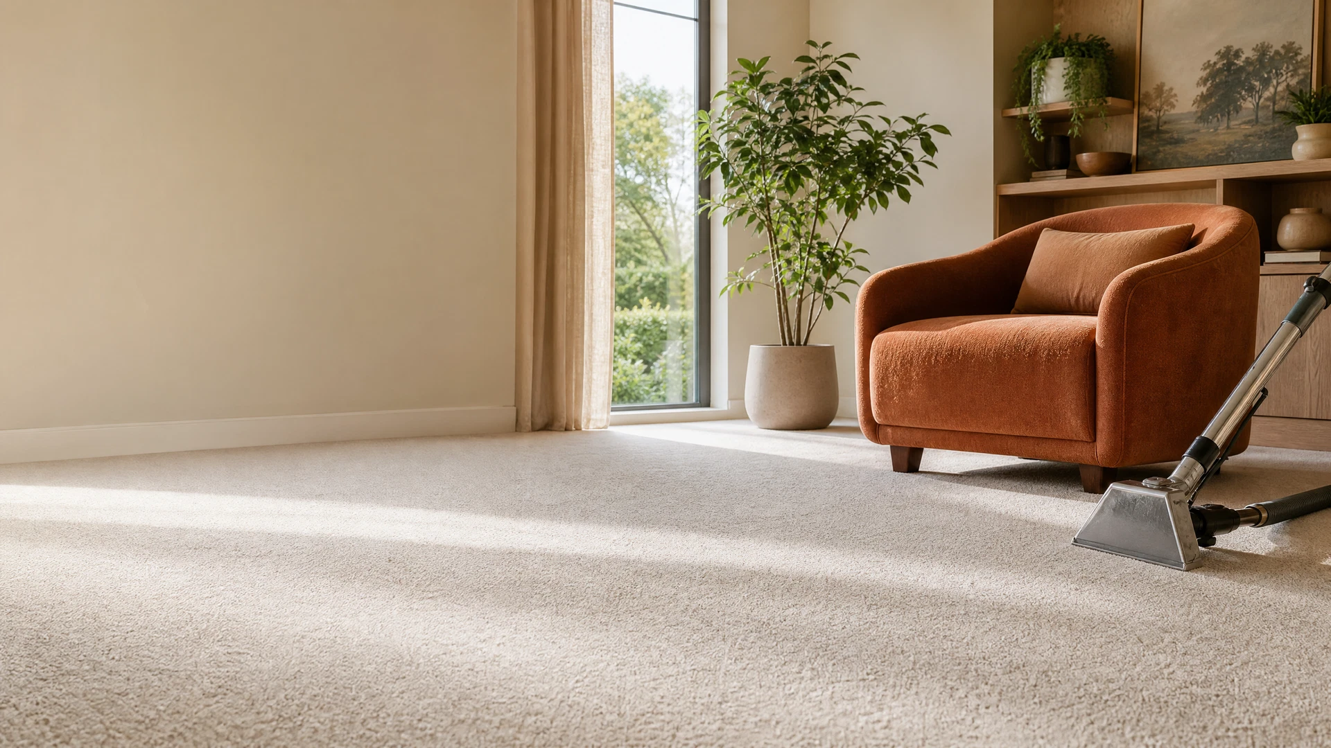 Sunlit living room with a freshly cleaned carpet